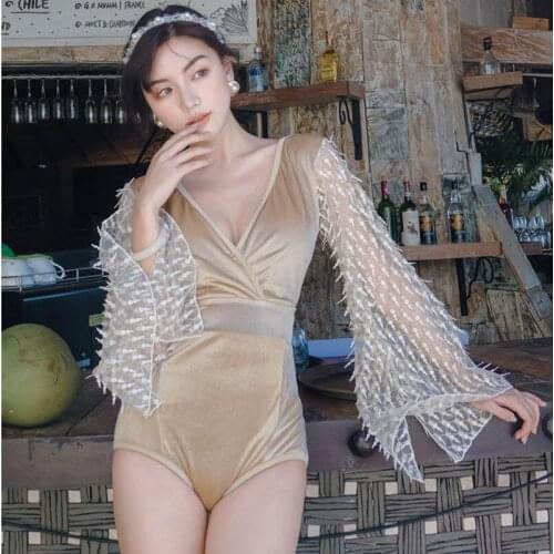2020 Womens Swimwear Monokini Swim Suit Swimsuit Fused Gold Velvet Mesh Beach Solid Bathing Suits Long Sleeve Swimming Costume