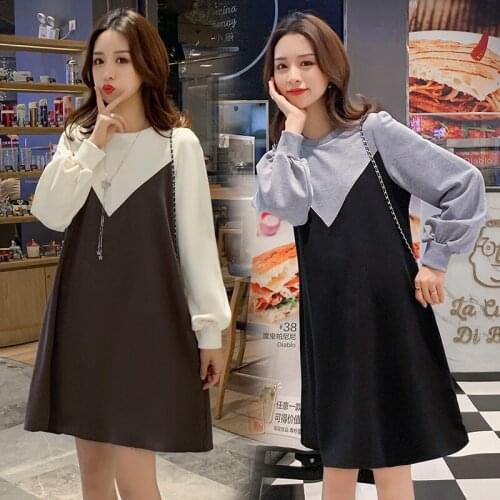 3001# Maternity Dress Spring Autumn Long Sleeve Mid-Long Loose Stylish A Line Dress for Pregnant Women Mom Dress