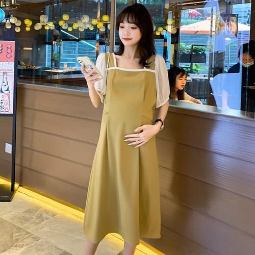90140# Maternity Clothes Summer Short Sleeves Easy Matching Loose Stylish Mid-Long Dress Pregnant Women Pregnancy Clothes