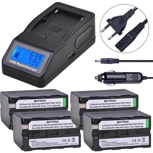 Batmax 7200mAh 4pcs NP-F960 NP-F970 F960 F970 Battery +New LCD Rapid Charger for Sony PLM-100 CCD-TRV35 MVC-FD91 MC1500C L50