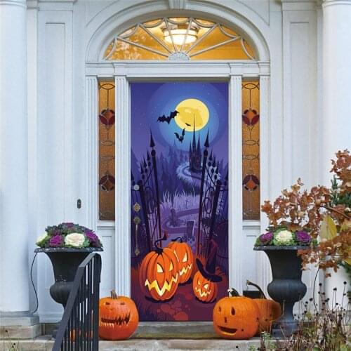 Pumpkin Lantern Home decorative Poster On Door Halloween Bat Dark Castle 3D Door Wallpaper Removable Door Stickers Self Adhesive