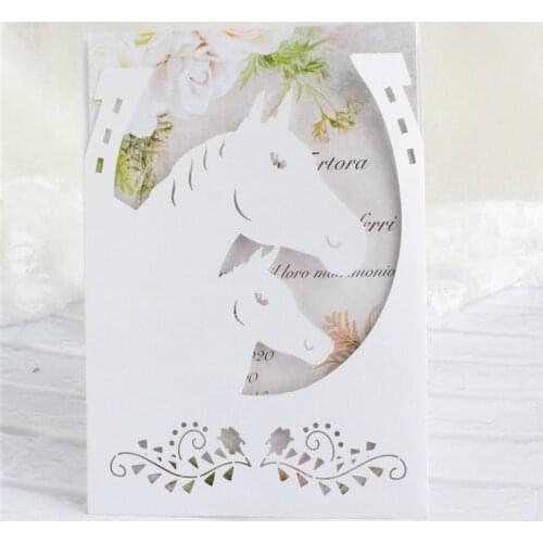 Elegant wedding invites white horse laser cutting pocket personalized printing