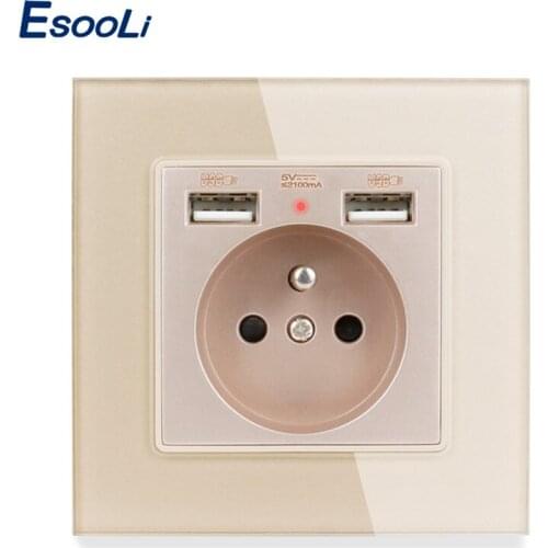 Esooli 2019 New 16A French Standard Wall Power Socket White Crystal Glass Panel Outlet 2.1A Dual USB Charger Port for Mobile