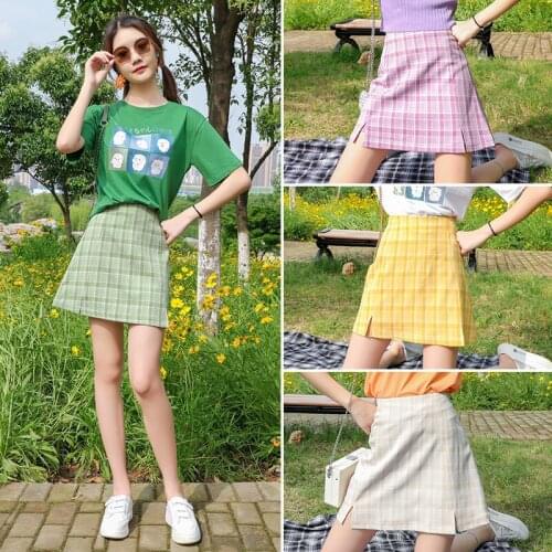Harajuku Plaid High Waist Bag Hip Slit Short Skirt Fashion Women Houndstooth Plaid Print Open Fork High Waist Sheath Short Skirt
