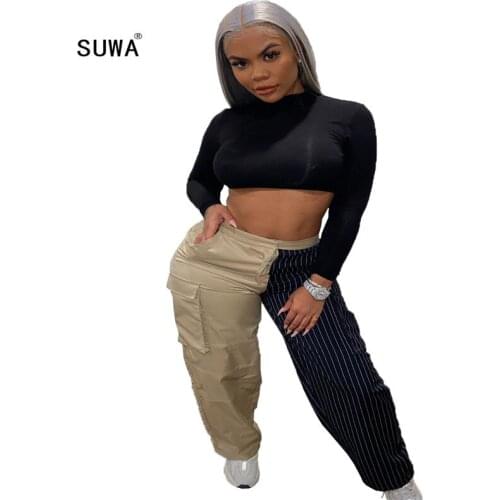 Hot 2020 womens pants two-color patchwork pocket slacks sexy night party street club high-waisted pants sweatpants