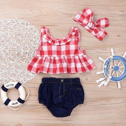 3PCS Toddler Girls Summer Clothing Set kids Casual Sport Suits Plaid Skirted T-shirt Tops+Denim Shorts Bloomers Headband Outfits