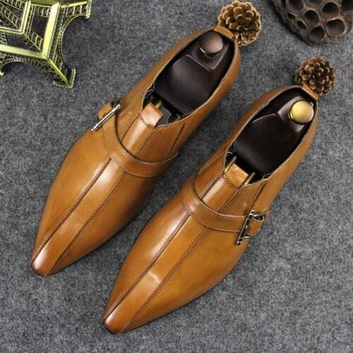 Genuine leahter Buckle Strap Wedding Party Dress Shoes Flat heel Mens Formal Business Shoe Hombre Sapatos