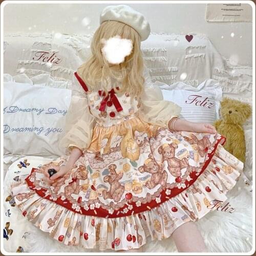 Japanese Sweet Bow Jsk Lolita Dress Women Vintage Victorian Gothic Homey Bear Sleeveless Princess Tea Party Girl Dresses