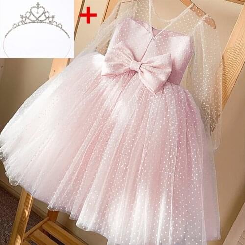 Birthday Party Princess Dress For Girls Flower Girl Ball Gown For Weddings Baby Tulle Elegant Long Sleeve Dot Cloth Pink Gown