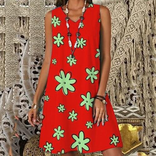 Boho Dress Womens Summer Sundress Casual Floral Print V-neck Sexy Sleeveless Tank Dresses Ladies Loose Beach Dresses Vestidos