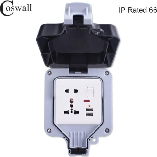 Coswall IP66 Weatherproof Waterproof Outdoor Box Wall Power Socket 1 Gang Universal / British Standard Switched Outlet With Neon