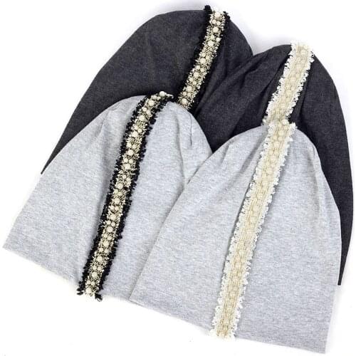 Women Elegant Solid Pearl Beads Beanie Hat Ladies Delicate Tassel Lace Stripe Female Soft Warm Caps Baggy Casual Skullies Gift
