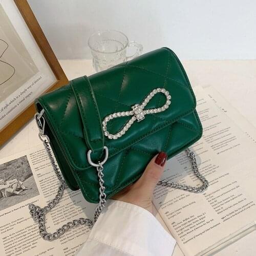Rhinestone Bow Designer Small Bag Fashion PU Leather Chains Crossbody Bags Branded Trendy Shoulder Bag Solid Color Totes Handbag