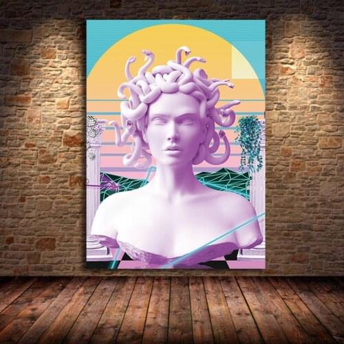 Vaporwave Sculpture Of Medusa Canvas Painting Poster Graffiti Print On the Wall Art Cover Face of Medusa Pictures Decor Unframed