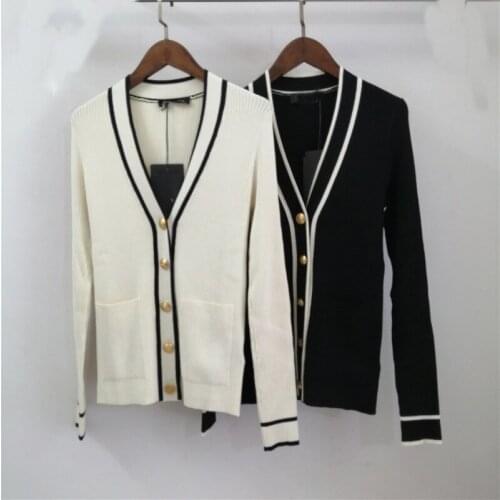 High end autumn new V-Neck long sleeve pocket gold button simple design contrast hemmed slim knit cardigan