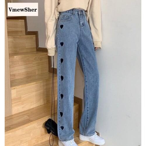 VmewSher New Vintage Spring Autumn Women Jeans Side Heart Long Female Wide Leg Loose Denim Pants High Waist Stylish Trousers