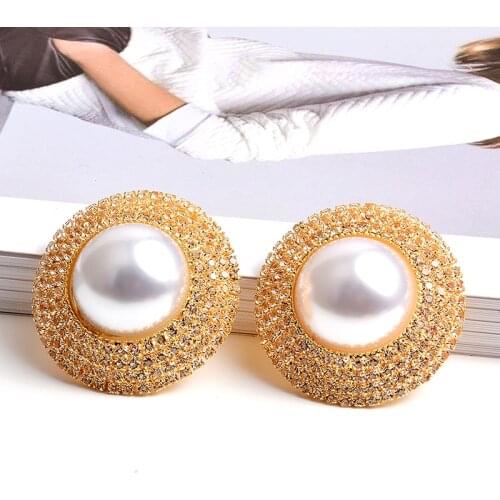 Hot Round Simulated Pearl Stud Earrings For Women Gold Color Alloy Big Earrings Statement Wedding Jewelry Wholesale