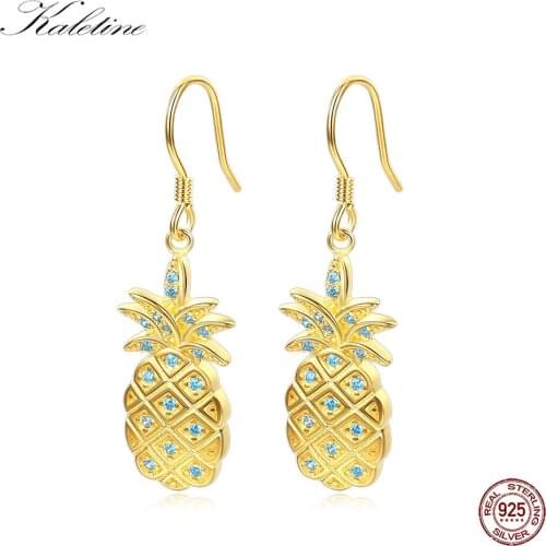 Kaletine 925 sterling silver Drop Earrings Fashion Jewelry Lucky Blue CZ Pineapple Earrings For Women Yellow Gold Earrings