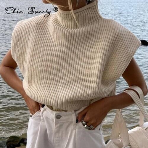Knitted Womens Stand Collar Sweater Vest 2021 Autumn Sleeveless Shoulder Pad Solid Sweaters Tops Ladies Fashion All-match Tanks