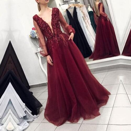 Long Sleeves A-Line Prom Dresses Appliques Beaded Sequins Backless 2020 Sexy Women Evening Party Gowns Tulle Soft Robe De Soiree