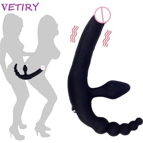 VETIRY Double Penetration Strapon Dildo Vibrator for Lesbian Anal Plug Vibrator Anal Beads Massage 10 Speed Sex Toys for Women