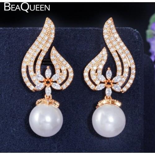 BeaQueen Exclusive Flower Full Cubic Zirconia Paved Big Pearl Dangle Drop Earrings for Women Gold Color Vintage Jewelry E296