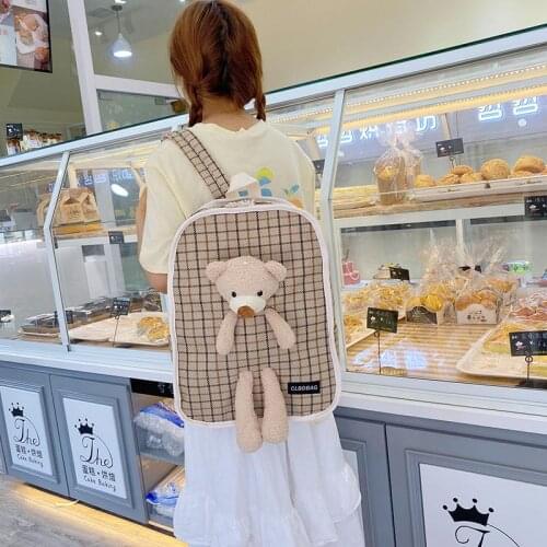 Canvas Women Backpack Plaid Pattern Kawaii School Bag For Teenage Girls College Students Doll Cute Backpack Rucksack Mochilas