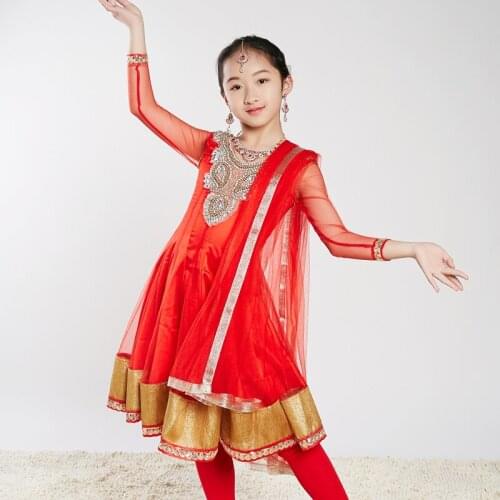 Indian Rhinestone Big Swing Dress For Girls Long Sleeve Elegant Clothes Oriental Dance Kids Stage Performance Clothing DQL5165