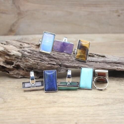 Rectangle Natural Stone Cabochon Ring Amethysts Lapis Tiger eye Turquoises Resizable Finger Rings Women Fashion Jewelry,QC4055
