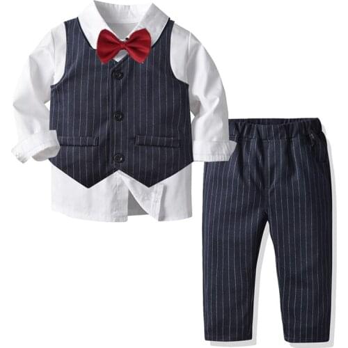 Boy Gentleman Suit Autumn Baby Boy Gentleman Suit White Shirt with Bow Tie+Striped Vest+Trousers 3Pcs Formal Kids Clothes Set