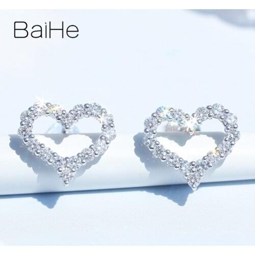 BAIHE Solid 14K White Gold 0.64ct H/SI Round Natural Diamonds Wedding Diamond Sweet heart diamond Stud Earrings For Women