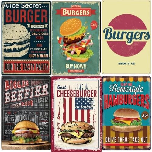 Hamburgers Metal Plates Vintage Fast Food Metal Tin Sign Bar Wall Art Craft Pub Restaurant Burgers Metal Poster Plaques 20x30cm