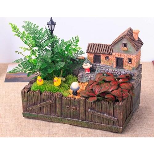 Countryside Rural Building Design DIY Indoor Outdoor Mini Flower Pot Micro Landscape Resin Bonsai Pot With Light For Succulents
