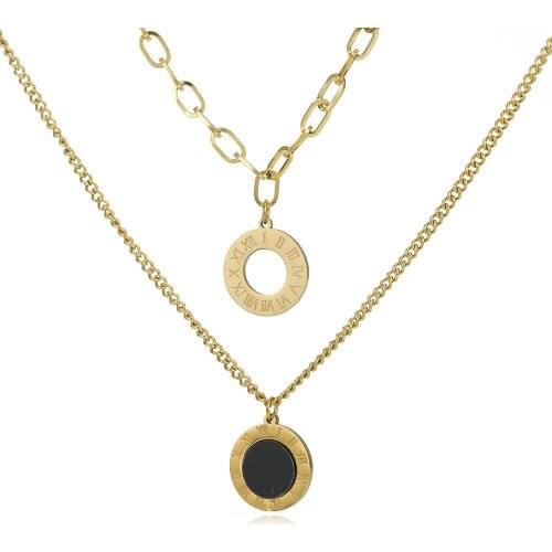 Fashion Double Sided Black Shell Pendant Necklace Stainless Steel Roman Numeral Layered Choker Necklace Collier Bijoux Femme