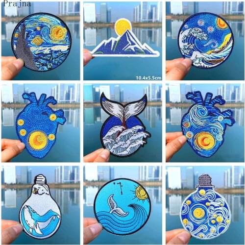 Prajna Van Gogh Waves Embroidered Patches For Clothing DIY Space Sticker On Clothes Mountain Patch Iron On Patches For Clothes