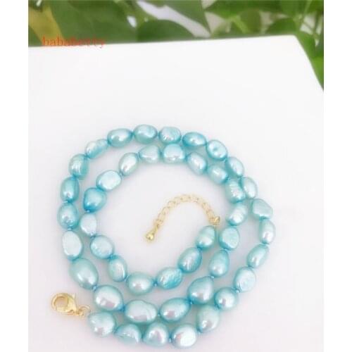 New Freshwater Pearl 7-9MM baroque light blue Pearl Necklace 18