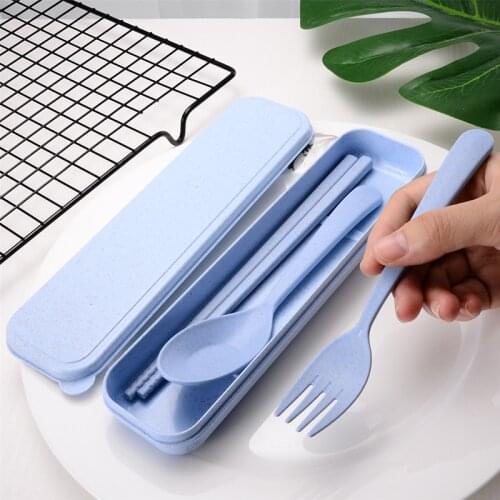 Environmental Portable Reusable Spoon Fork Travel Picnic Chopsticks Wheat Straw Tableware Cutlery Set With Carrying Box