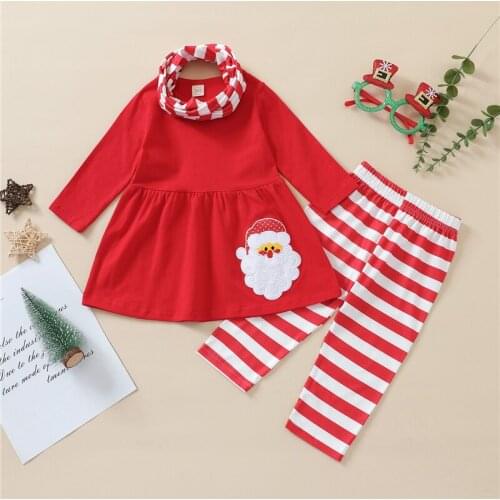 Toddler Girl Christmas Clothes Santa Claus Embroidery Wide Hem Tops+Striped Trousers+Scarf Baby Clothing Set
