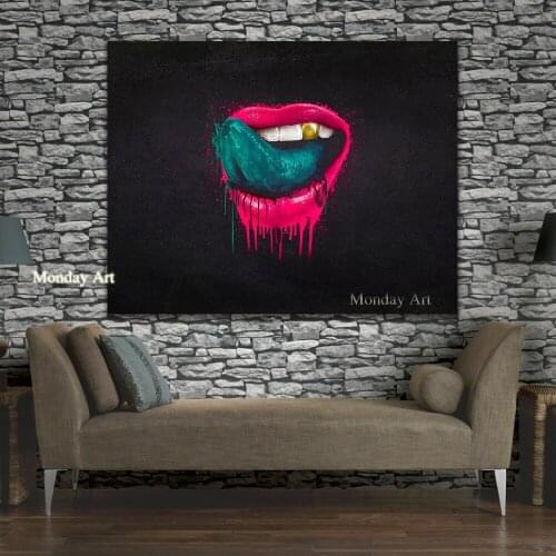 Handpainted Wall Art oil Painting for Living Room The Red Lips Canvas Oil Painting Modern Pop Art Home Decor for bar wall decor