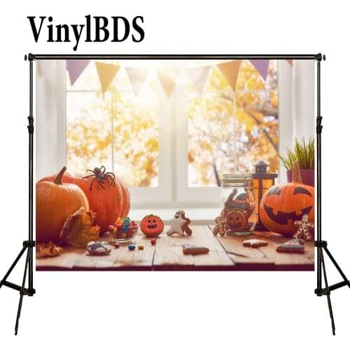 VinylBDS Family Halloween Background Cartoon Candy Pumpkin Children Backdrop Baby Window Bokeh Backdrops Wood Floor Photo Studio