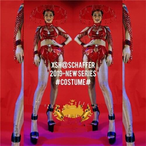 Sexy girl red pendant crystal dance team female costumes catwalk model show stage performance bikini suit with headdress clothes