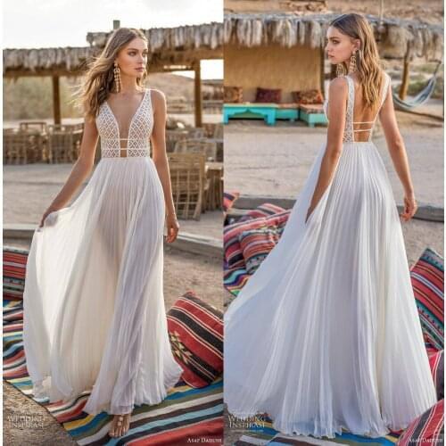 2020 Bohemian Boho Wedding Dresses Appliques Backless A Line Beach Wedding Dress Custom Made Bridal Gowns V Neck Robe De Soiree