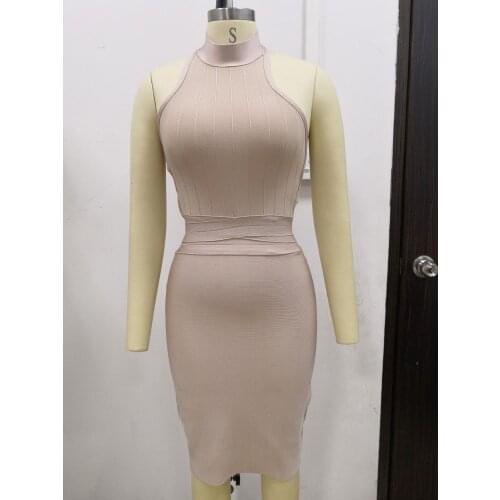 2019 summer new halter backless khaki nude bandage dress Bodycon Club Celebrity sexy party dress wholesale
