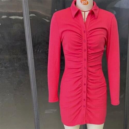 ZXQJ Women 2021 Chic Fashion Single Breasted Pleated Mini Dress Vintage Long Sleeve Female Dresses Vestidos