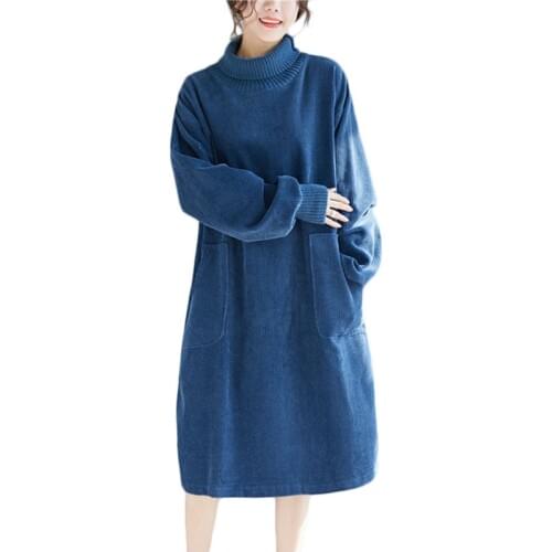 Plus size Women Corduroy dress Autumn Winter New Literary Retro High collar dresses Womens Korean Loose Hedging Bottom dresses