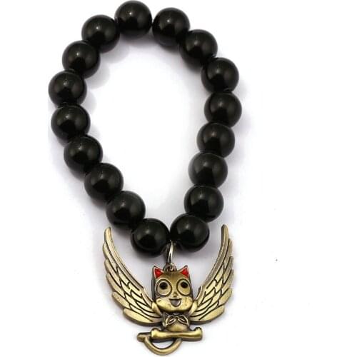 2 Styles Anime Fairy Tail Bracelets Gray Cross Cat Charm Handmade Black Onyx Beaded Bracelet Men Women Cosplay Bangle Jewelry