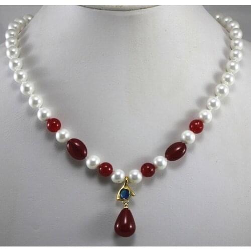 2 styles! wholesale/retail 8mm white shell pearl and red jades necklace+ design red jades crystal pendant