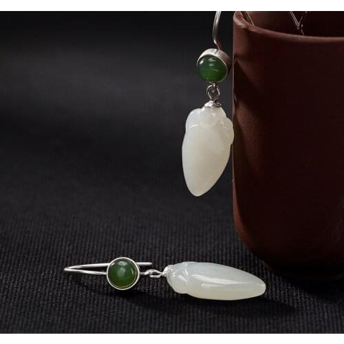 2018 New Earings Fashion Jewelry Pure Inlay Hetian Jade Peach Restoring Ancient Ways Ms High-grade Pendant Earrings Wholesale