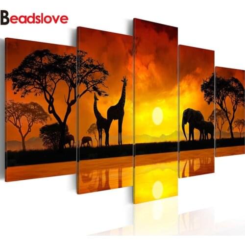 5 Pieces sunset giraffe and elephant diamond embroidery 5d diy diamond painting mosaic daimond art,Multi-pictures decor