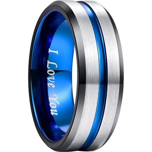 8MM 100% Blue Inside Groove Tungsten Carbide Ring for Men Engrave I love You Promise Engagement Wedding Bands Men Women Gift